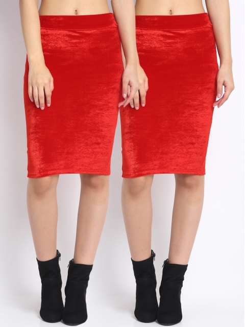 

NEUDIS Women Pack Of 2 Red Solid Velvet Pencil Skirts