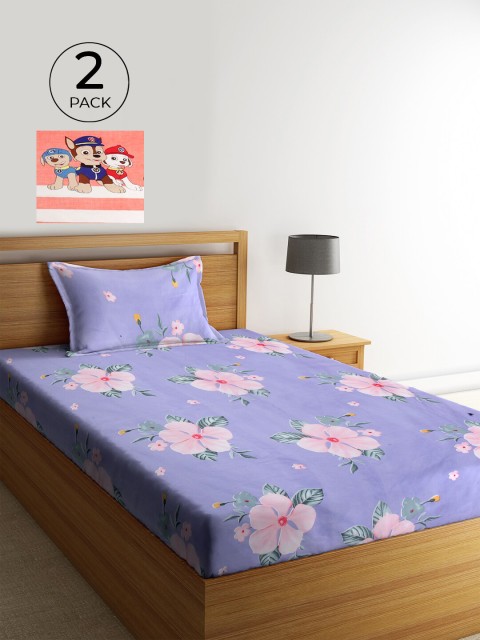 

KLOTTHE Purple & Peach-Coloured Floral 210 TC Cotton 2 Single Bedsheet with 2 Pillow Covers
