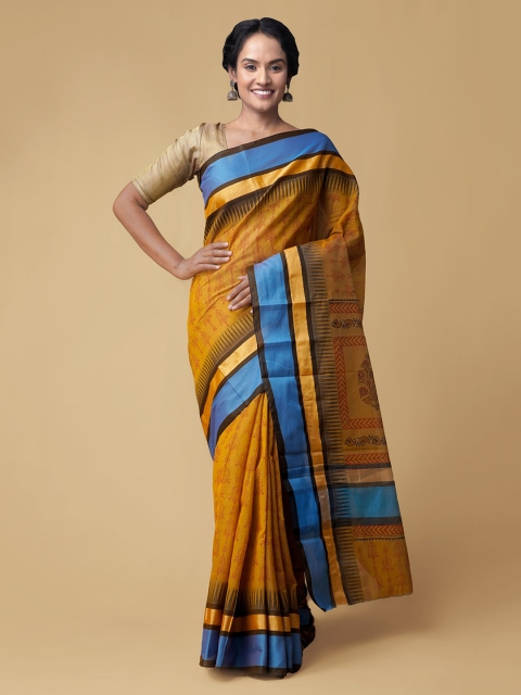 

Unnati Silks Mustard Woven Design Zari Silk Cotton Heavy Work Chanderi Saree
