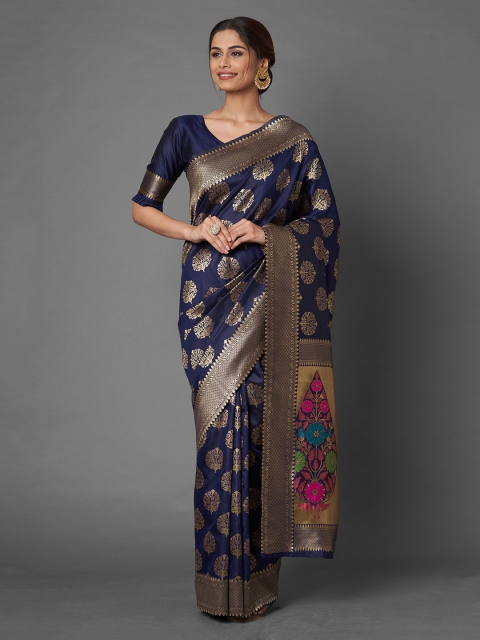 

Mitera Navy Blue Floral Silk Blend Banarasi Saree