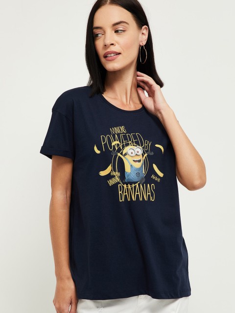 

max Women Blue Minions Printed Drop-Shoulder Sleeves Loose T-shirt