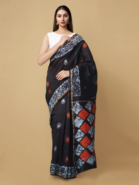 

Unnati Silks Women Black Pure Batik Chanderi Sico Sustainable Saree