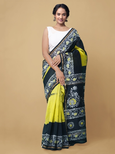 

Unnati Silks Green Batik Zari Silk Cotton Chanderi Saree