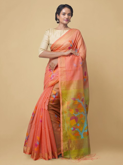 

Unnati Silks Pink Ethnic Motifs Silk Cotton Handloom Maheshwari Saree