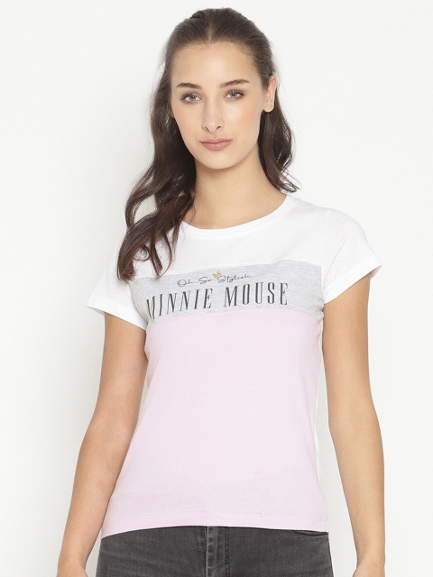 

METTLE Women Pink & White Colourblocked Cotton T-shirt