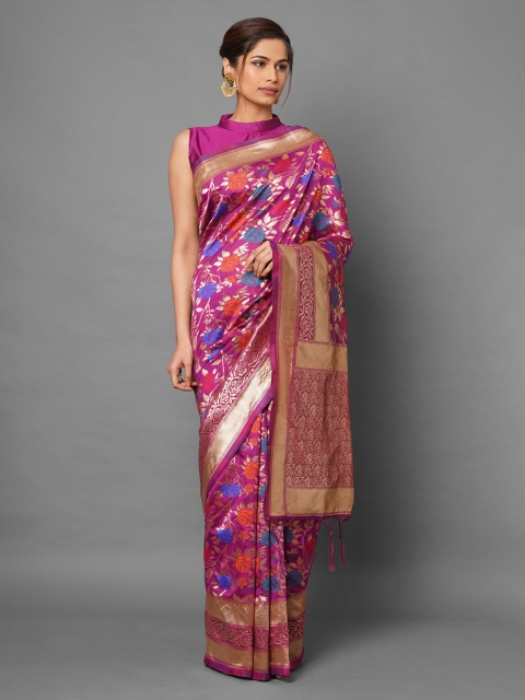 

Mitera Pink Floral Zari Silk Blend Banarasi Saree