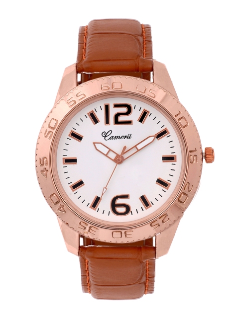 Camerii Men White Brass Dial & Brown Leather Textured Straps Analogue Watch WM187_B