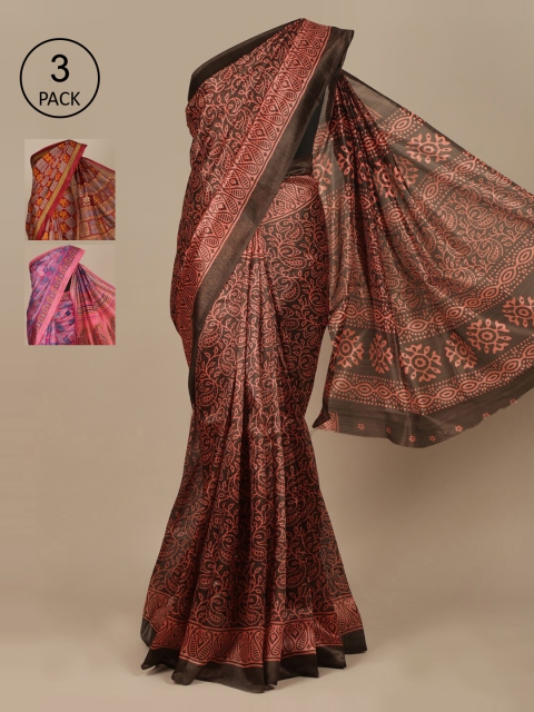 

Pothys Pack Of 3 Ethnic Motifs Printed Jute Silk Saree, Maroon