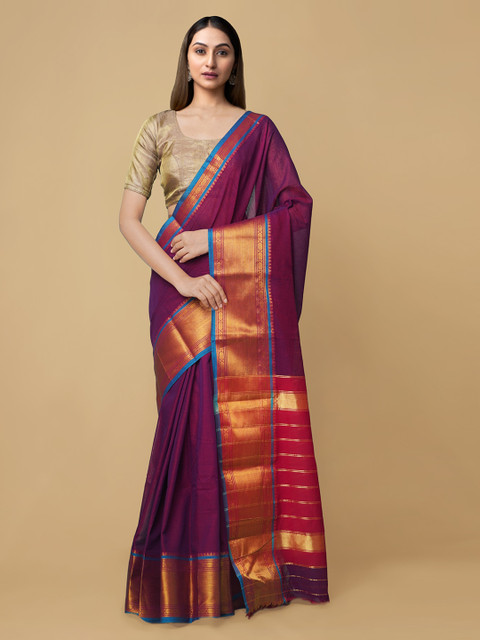 

Unnati Silks Purple & Gold-Toned Zari Pure Cotton Narayan Peth Handloom Saree