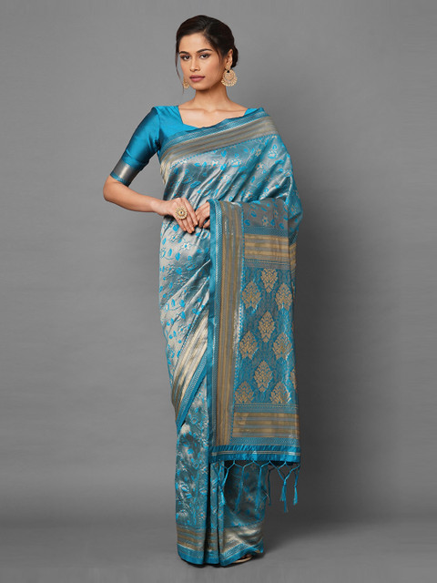 

Mitera Teal Blue Ethnic Motifs Silk Blend Banarasi Saree