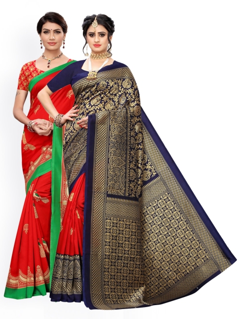 

KALINI Pack of 2 Red & Navy Blue Woven Design Art Silk Saree