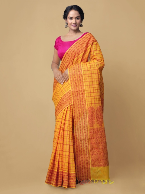 

Unnati Silks Orange Checked Pure Cotton Handloom Mysore Silk Saree