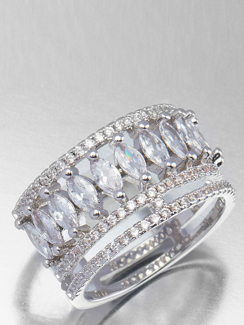 

shaze Silver-Toned & White Classic Love Stackable CZ-Studded Finger Ring