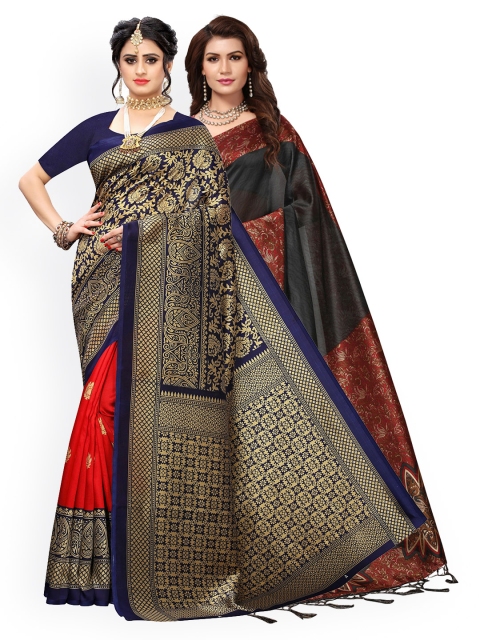 

KALINI Pack Of 2 Black & Navy Blue Ethnic Motifs Zari Art Silk Sarees