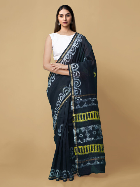 

Unnati Silks Blue Batik Zari Silk Cotton Chanderi Saree