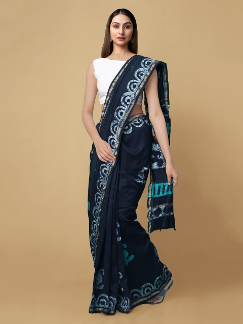 

Unnati Silks Blue Batik Zari Silk Cotton Chanderi Saree