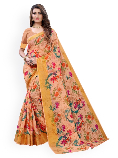 

KALINI Peach & Red Floral Linen Blend Saree