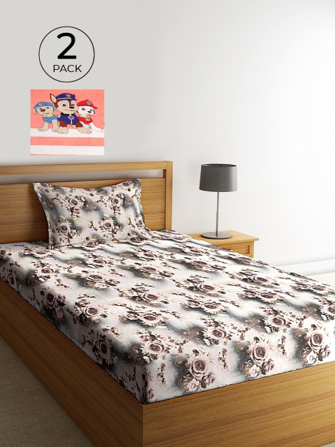 

KLOTTHE Coral & White Graphic 210 TC Cotton 2 Single Bedsheet with 2 Pillow Covers