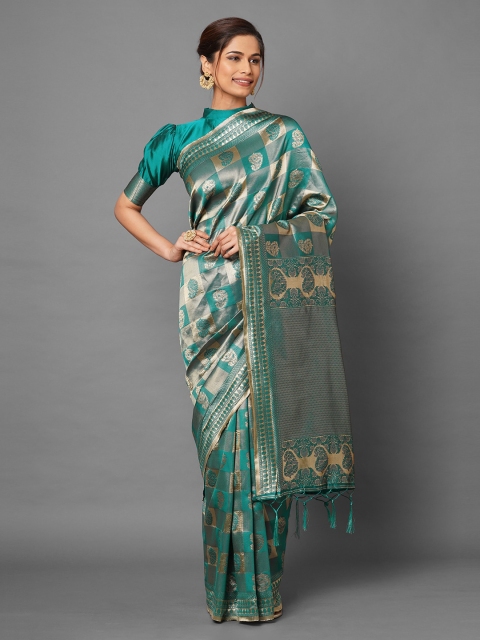 

Mitera Teal Ethnic Motifs Zari Silk Blend Banarasi Saree