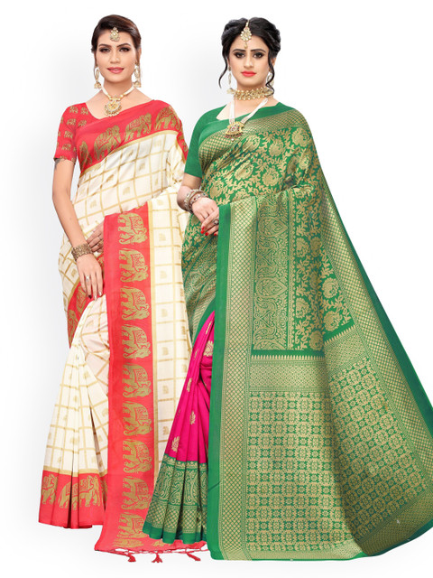 

KALINI Pack of 2 Cream Coloured & Green Woven Design Art Silk Saree