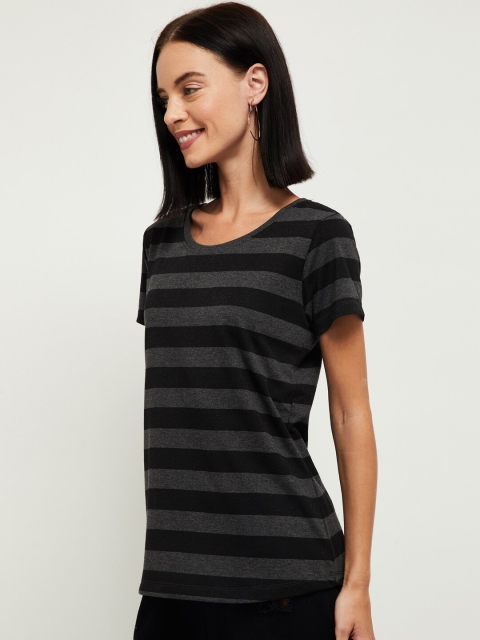 max Women Charcoal Striped V-Neck Extended Sleeves T-shirt