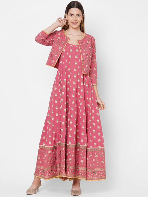 

FASHOR Pink Floral Layered Cotton Ethnic Maxi Dress With Jacket