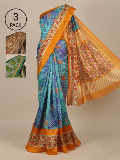 

Pothys Blue & Cream-Coloured Set of 3 Jute Silk Saree
