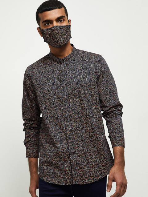 

max Men Navy Blue Printed Cotton Casual Shirt with Mask