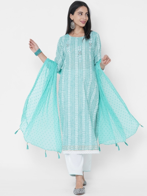 

FASHOR Women Sea Green Striped Linen Kurti with Trousers & With Dupatta