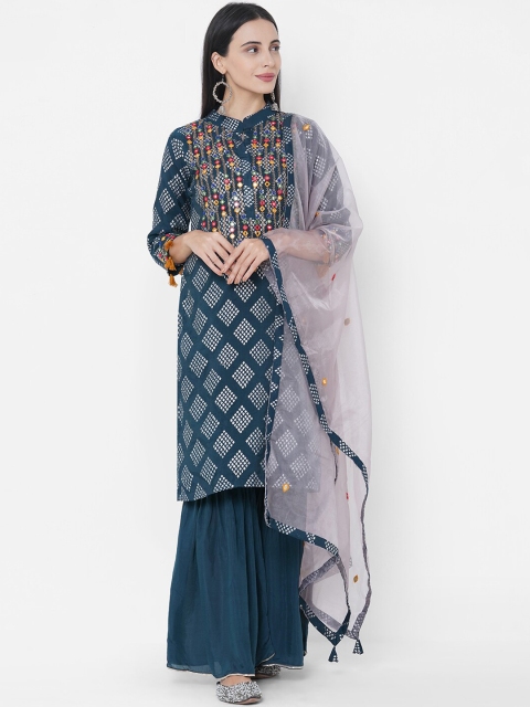 

FASHOR Women Teal Ethnic Motifs Embroidered Kurta with Sharara & Dupatta