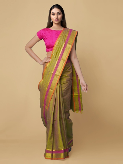 

Unnati Silks Olive Woven Design Zari Pure Cotton Uppada Handloom Saree