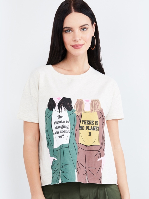 max Women Cream Printed Drop-Shoulder Sleeves T-shirt