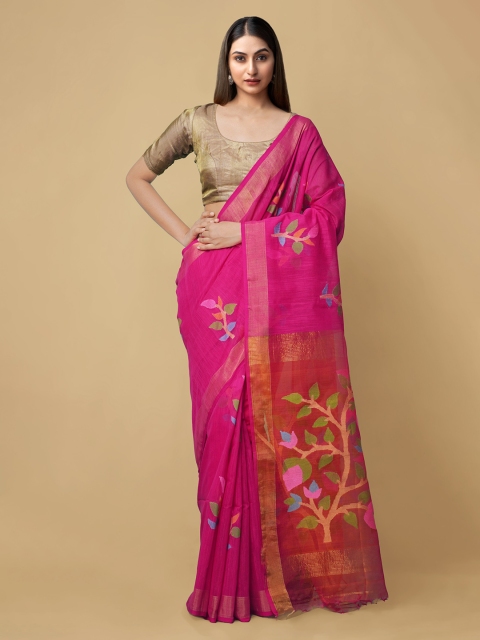 

Unnati Silks Pink Floral Embroidered Silk Cotton Handloom Jamdani Saree
