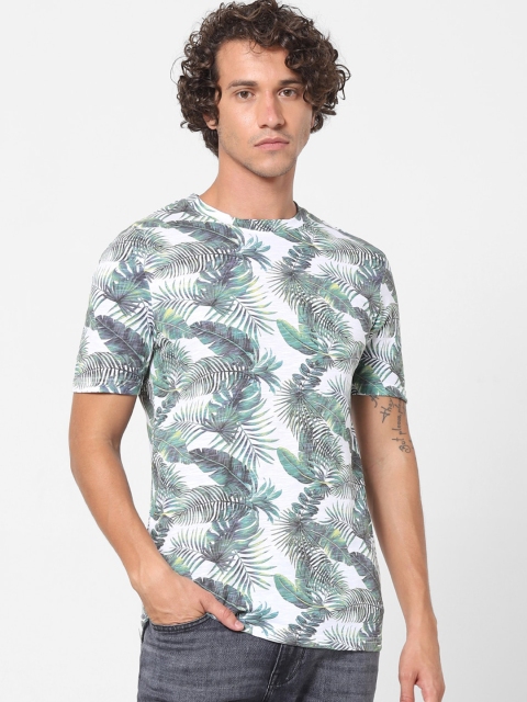 

Celio Men White Green Floral Printed Tropical Pure Cotton T-shirt