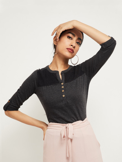 

max Women Charcoal Grey Henley Neck Pure Cotton T-shirt