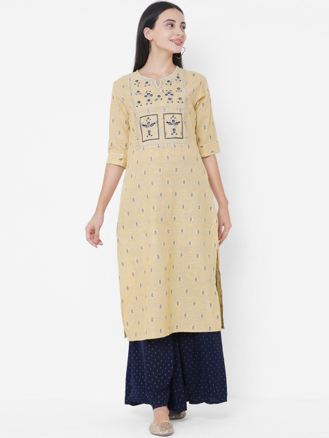 

FASHOR Women Yellow Geometric Mirror Work Kurta