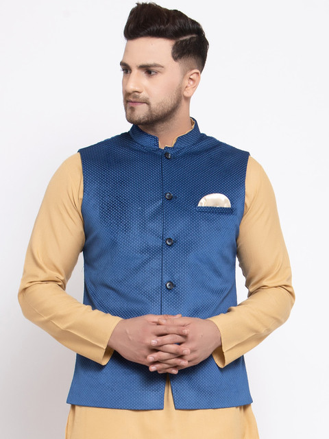 

MAXENCE Men Blue Woven-Design Nehru Jacket