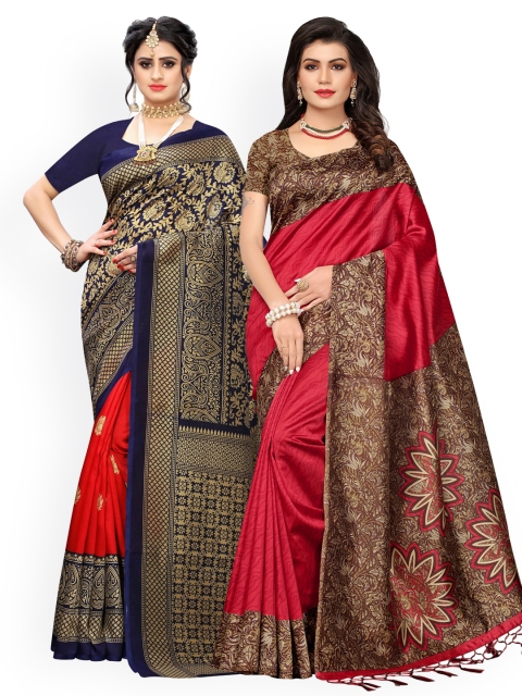 

KALINI Set of 2 Navy Blue & Red Ethnic Motifs Zari Art Silk Saree