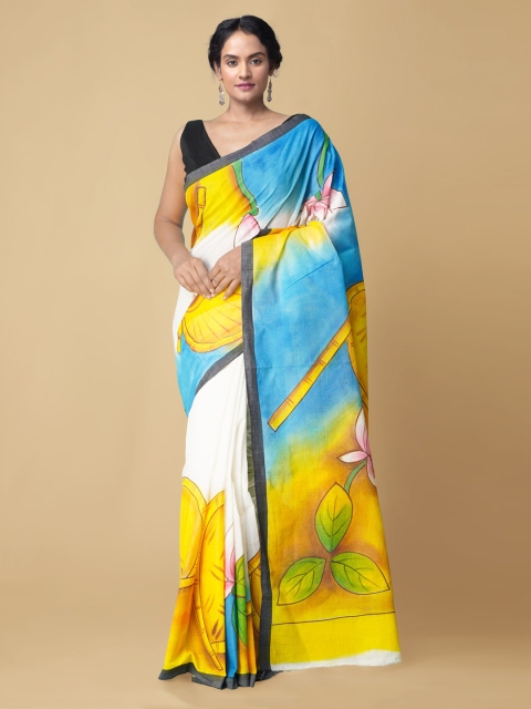 Unnati Silks White & Blue Floral Zari Pure Cotton Kasavu Handloom Saree