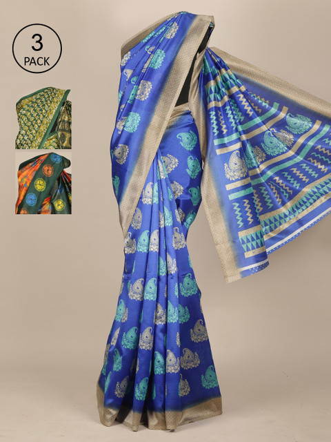 

Pothys Pack of 3 Ethnic Motifs Jute Silk Saree, Blue