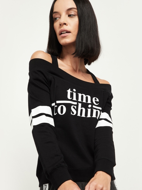 

max Women Black Typography Printed Monochrome Applique T-shirt