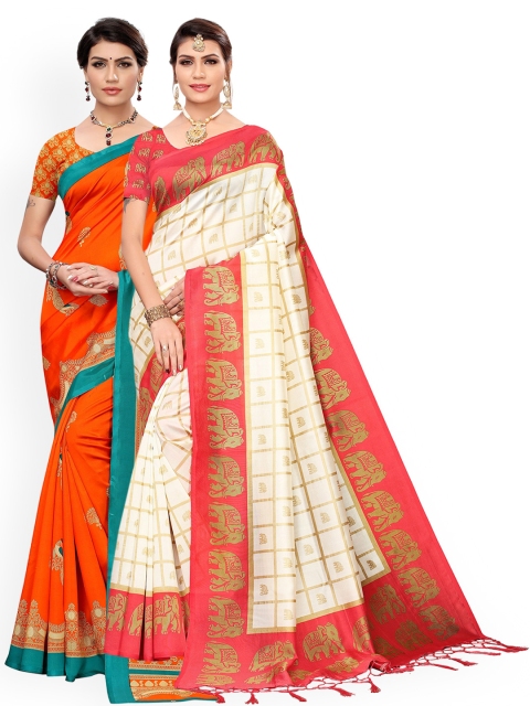 

KALINI Pack Of 2 Orange & Red Ethnic Motifs Art Silk Saree