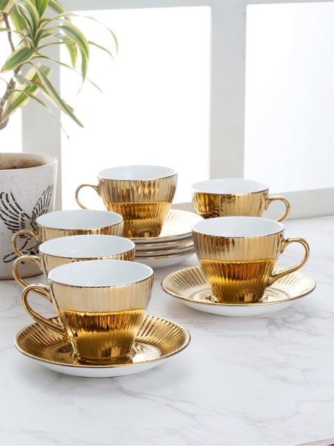

CLAY CRAFT Set of 12 Gold-Toned Textured Ceramic Cups and Saucers