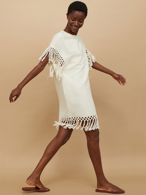 

H&M Women White Fringe Trimmed Dress