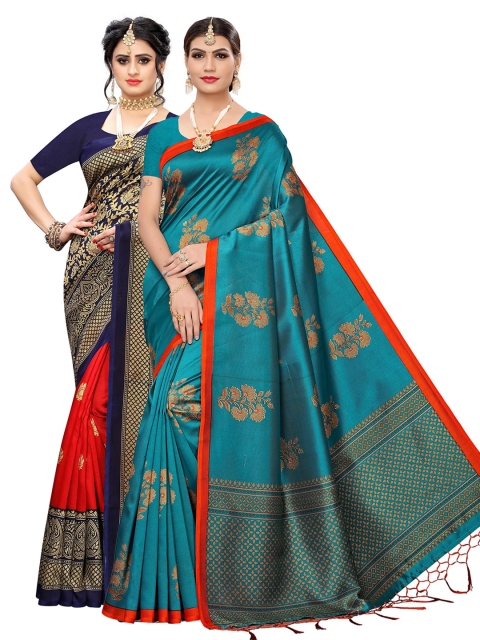 

KALINI Sea Green & Red Pack of 2 Ethnic Motifs Art Silk Sarees