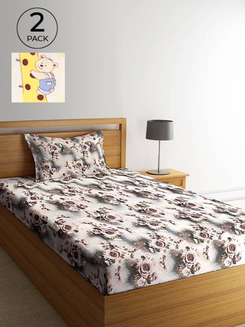 

KLOTTHE Pack of 2 Floral 210 TC Cotton Single Bedsheet with 2 Pillow Covers, Cream