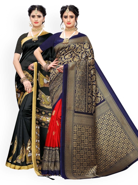 

KALINI Set of 2 Navy Blue & Black Woven Design Art Silk Saree