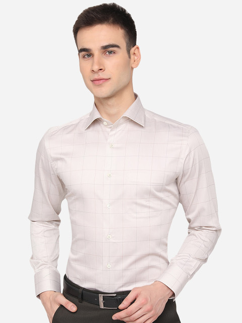 

JADE BLUE Men Beige Slim Fit Checked Pure Cotton Formal Shirt