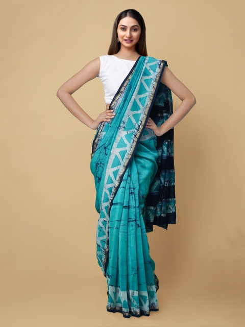 

Unnati Silks Blue Batik Zari Silk Cotton Chanderi Saree