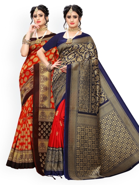 

KALINI Set of 2 Navy Blue & Orange Ethnic Motifs Zari Art Silk Saree